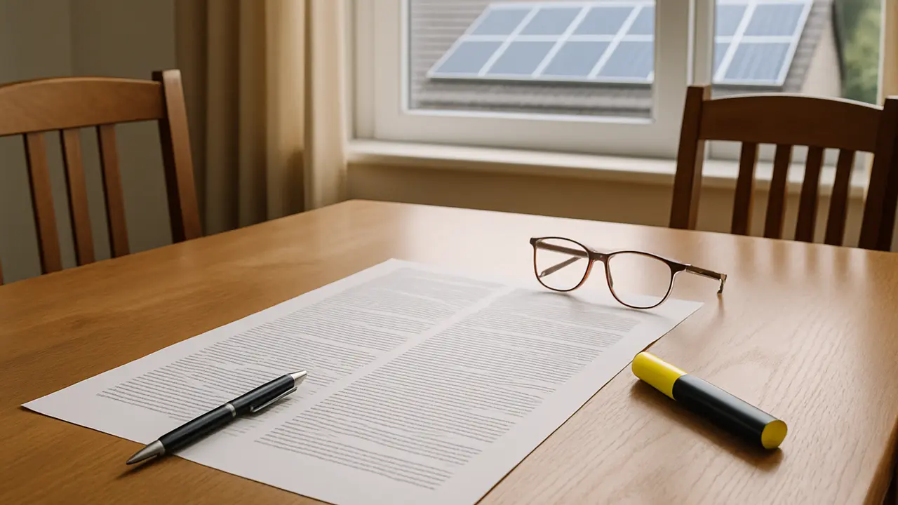 Contrato impreso sobre la mesa del comedor junto a un bolígrafo, lentes y un resaltador amarillo, con una ventana que deja ver un techo con paneles solares