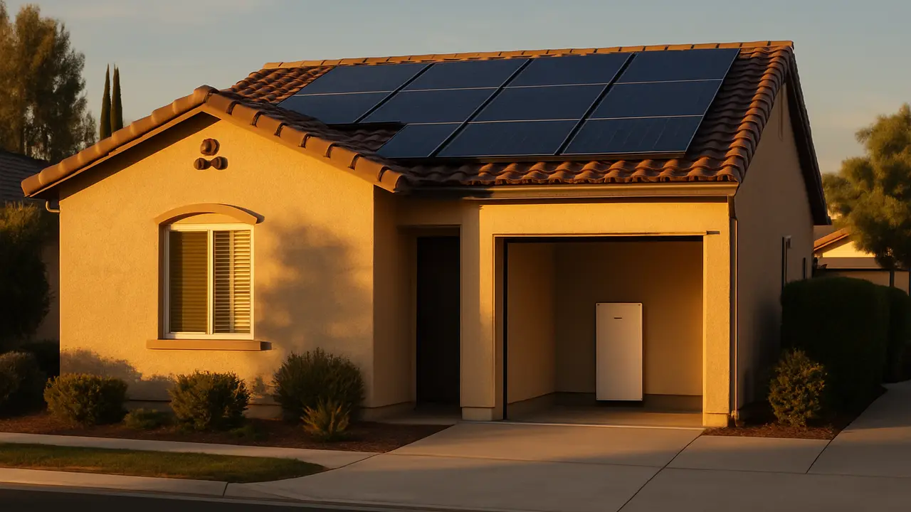 California stucco home with rooftop solar panels and a wall-mounted battery in the garage at late-afternoon golden hour