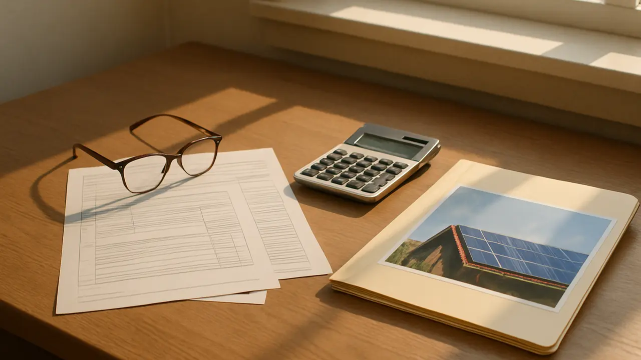 Escritorio en casa con formularios de impuestos sin texto legible, lentes de lectura, una calculadora y una carpeta con fotos de un techo solar