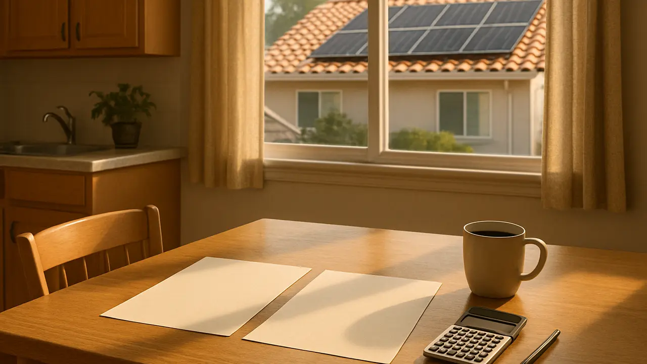 Mesa de cocina con dos cotizaciones impresas de paneles solares, una calculadora y una taza de café, con el techo de una casa con paneles visible por la ventana