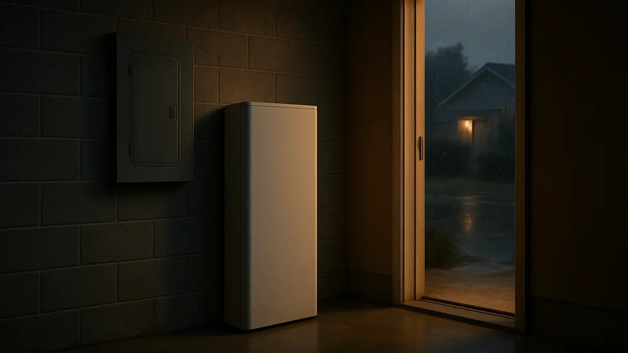 A wall-mounted home battery and electrical panel in a tidy garage, with lamplight glowing from the house during a storm outage