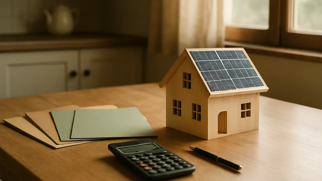 Three paper folders labeled only by color on a kitchen table beside a house model with solar panels and a calculator
