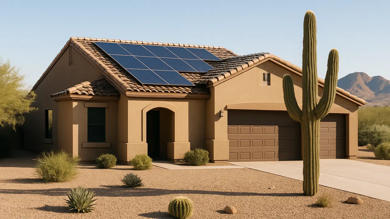 A stucco desert home in Arizona with rooftop solar panels, saguaro cactus and mountains in the background