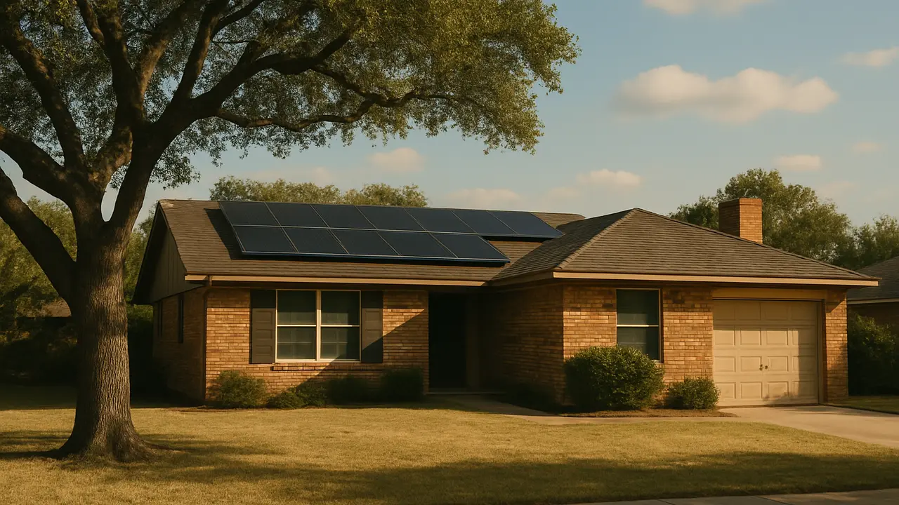 A single-story brick ranch home in Texas with rooftop solar panels under a wide blue sky