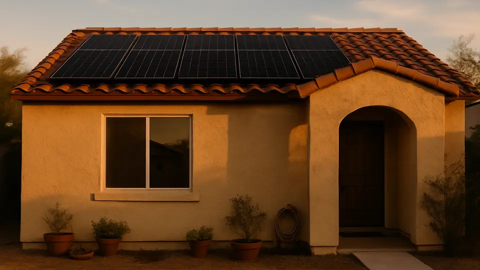 Casa de un piso con paneles solares en el techo al atardecer, con un patio con plantas y una manguera enrollada